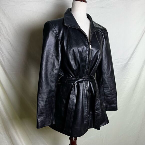 Worthington Belted Leather Jacket Zip Up Short Trench Black Y2K Vintage Medium - Picture 8 of 8
